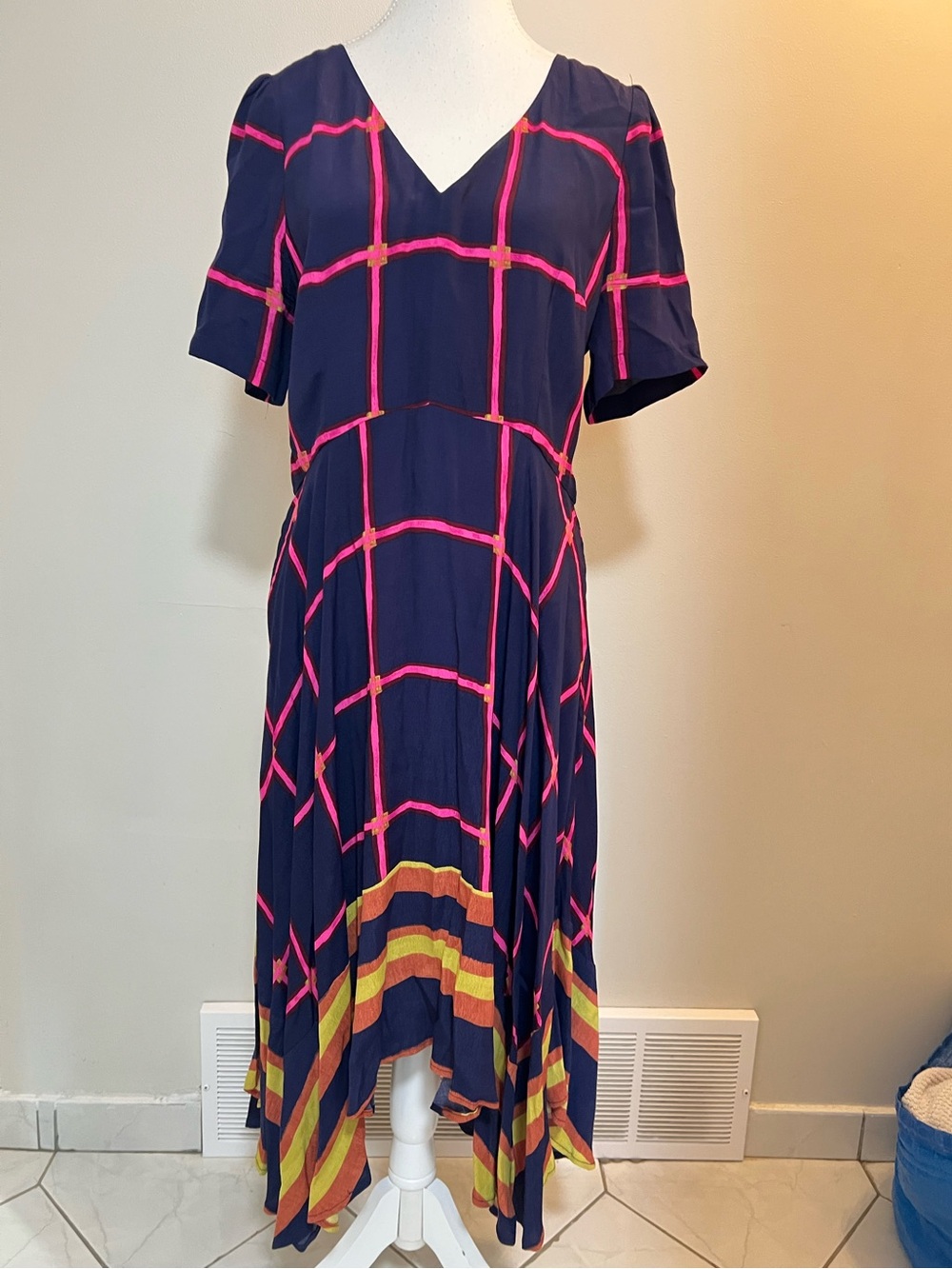 HD in Paris Navy Dress with Pink Grid and Yellow-Orange Striped Hem